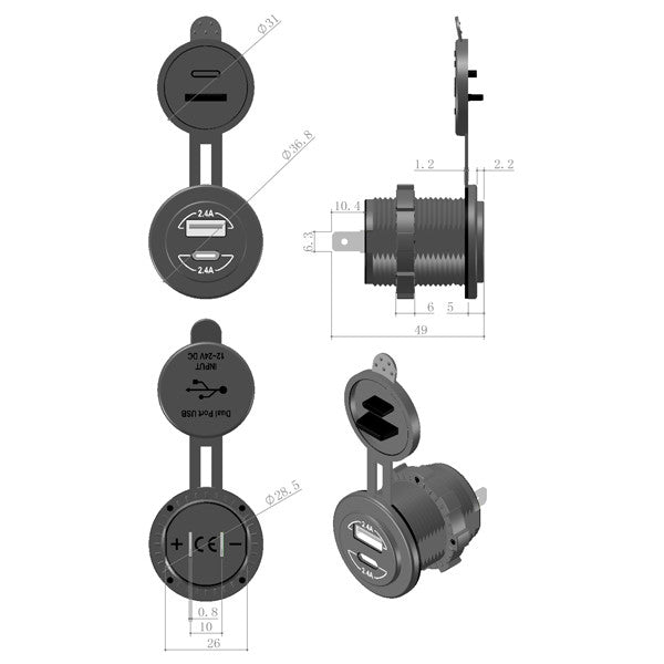 1852 inbyggt USB-uttag A & C, 12/24V